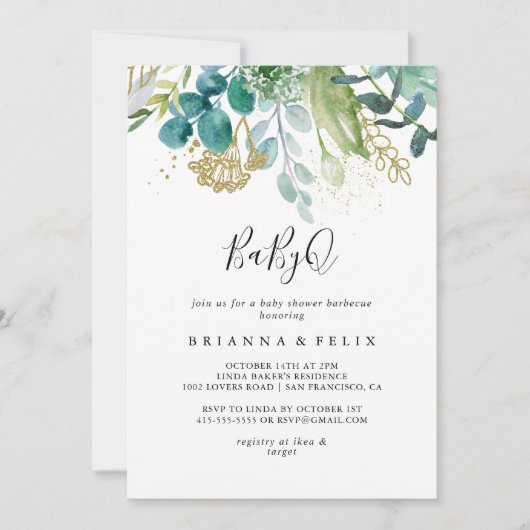 金ゴールドフローラ熱帯BabyQベビーシャワーバーベキュー 招待状 (正面)