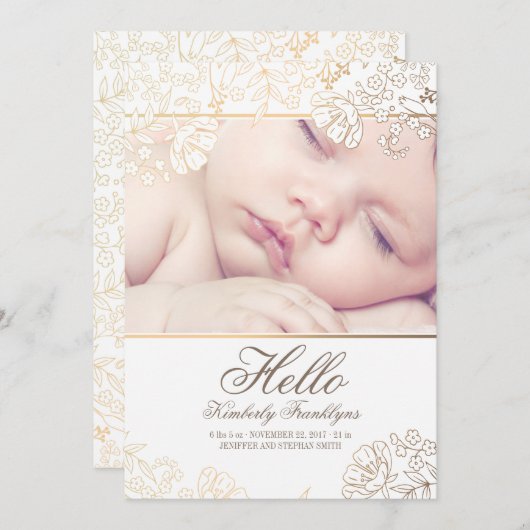 金ゴールドフローラ生まれたばかりのベビー写真の誕生発表 案内状 (正面/裏面)