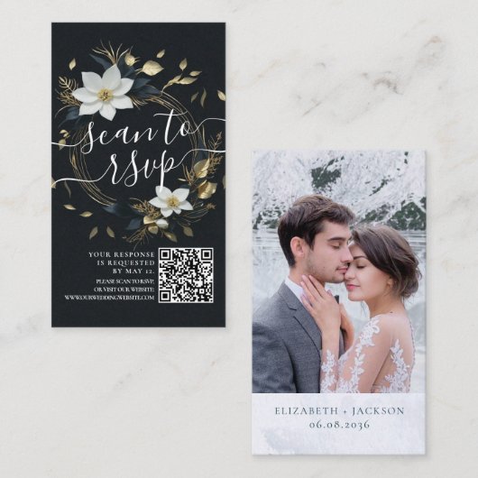 金ゴールドフローラ結婚リースのQRコードウェブサイトRSVP エンクロージャーカード (正面/裏面)