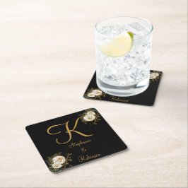 金ゴールドフローラ結婚Black's Gift Monogram スクエアペーパーコースター