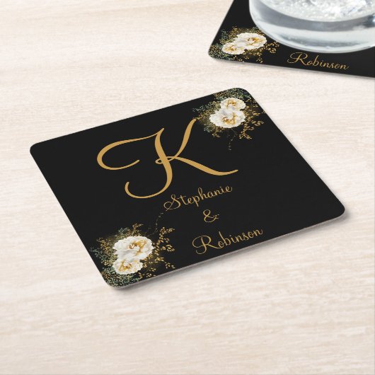 金ゴールドフローラ結婚Black's Gift Monogram スクエアペーパーコースター (アングル)