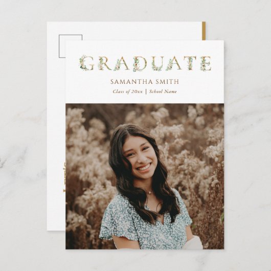 金ゴールドフローラ緑化タイポグラフィ写真卒業 インビテーションポストカード (正面/裏面)