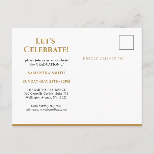 金ゴールドフローラ緑化タイポグラフィ写真卒業 インビテーションポストカード (裏面)