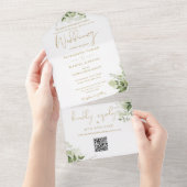 金ゴールドフローラ緑QRコーフォーマルド結婚 オールインワン招待状 (貼ってはがせる)