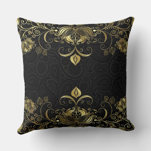 金ゴールドフローラ縁どレースと黒ペイズリー模様 クッション (裏面)