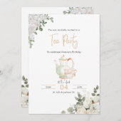 金ゴールドフローラ茶パーティー誕生日招待状 招待状 (正面/裏面)