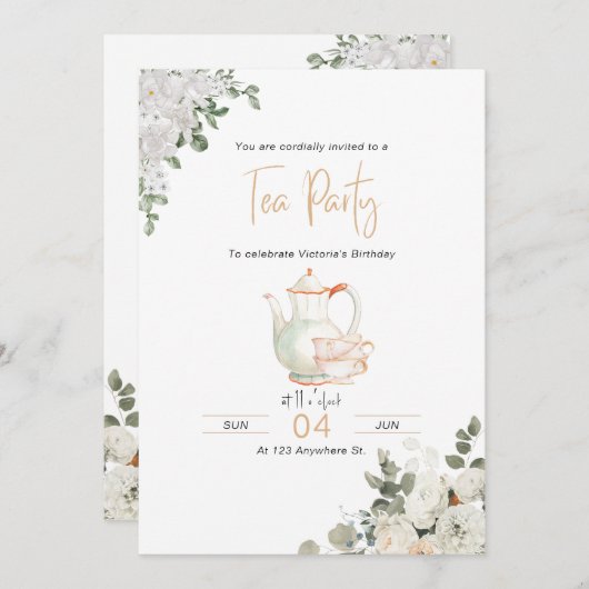 金ゴールドフローラ茶パーティー誕生日招待状 招待状 (正面/裏面)