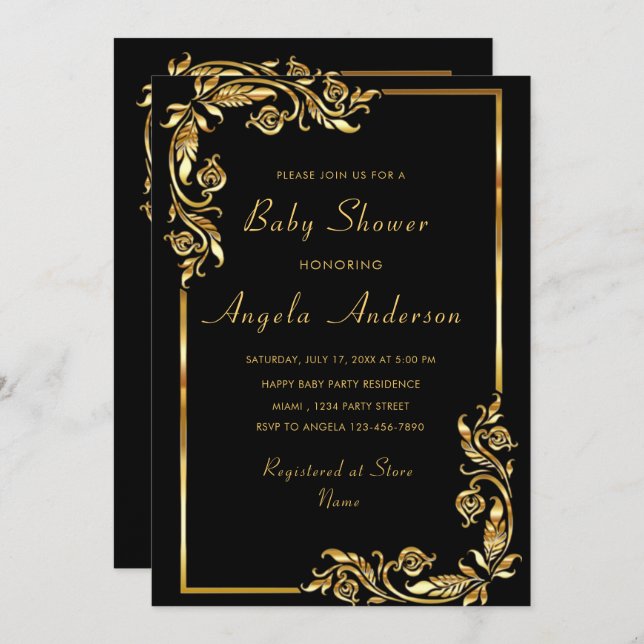 金ゴールドフローラ額乳児女子シャワー招待状 (正面/裏面)