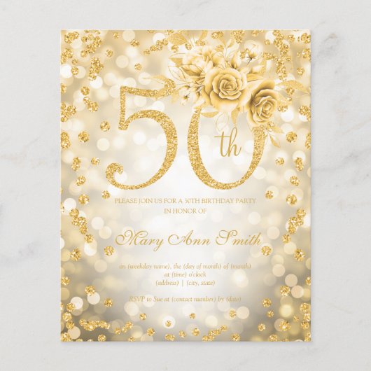 金ゴールドフローラ50番目の誕生日ライト招待状 チラシ (正面)