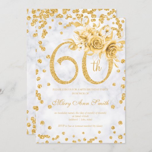 金ゴールドフローラ60誕生日シルバーグラムライト 招待状 (正面/裏面)