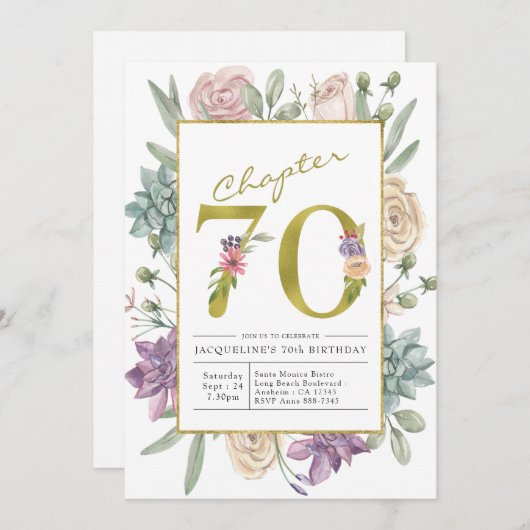 金ゴールドフローラ70誕生日 招待状 (正面/裏面)