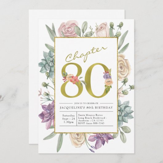 金ゴールドフローラ80番目の誕生日招待状 招待状 (正面/裏面)
