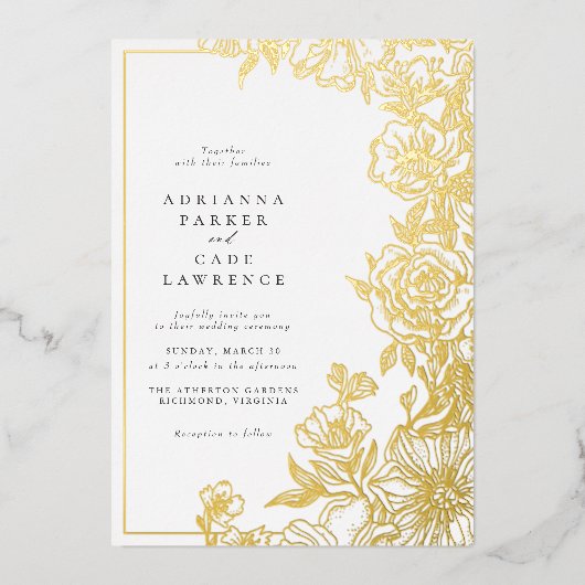 金ゴールドフローラ |エレガント庭園の結婚式 箔招待状 (正面)