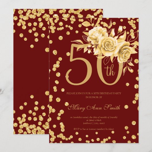 金ゴールドフローラ&紙吹雪50th誕生日ブルゴーニュ 招待状 (正面/裏面)