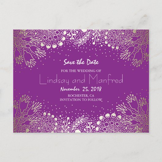 金ゴールドフローラ- Wonderland Purple日付を保存 案内ポストカード (正面)