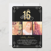 金ゴールドフローリッシュグラムスウィート16フォトバースデーパーティー 招待状 (正面)
