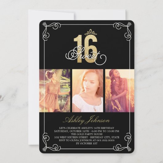 金ゴールドフローリッシュグラムスウィート16フォトバースデーパーティー 招待状 (正面)