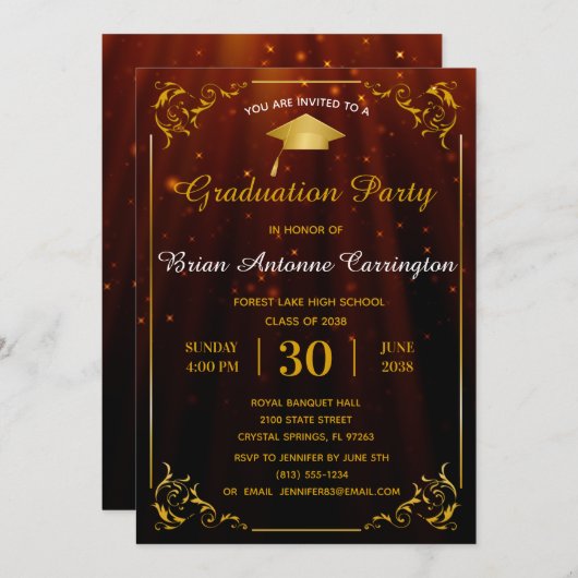 金ゴールドフローリッシュフレーム卒業パーティー招待状 招待状 (正面/裏面)
