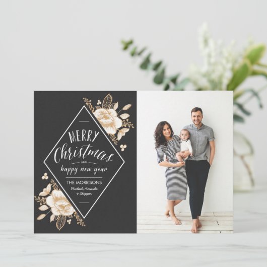 金ゴールドフ絵を描ラワーズクリスマスホリデーフォト シーズンカード (スタンド正面)