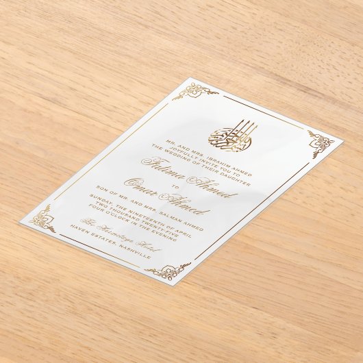 金ゴールドフ華美レムスリム結婚の枠 アクリル招待状 (レイダウン)