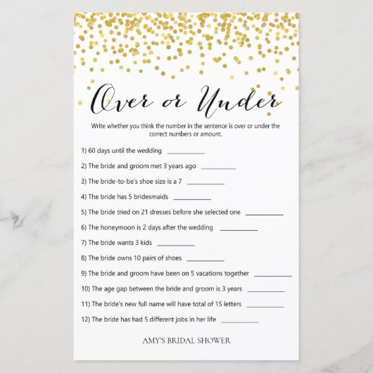 金ゴールドブライダルシャワーゲーム – 上または下 (正面)