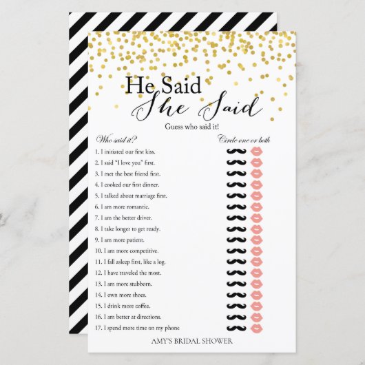 金ゴールドブライダルシャワーゲーム – 彼は彼女は言った (正面/裏面)