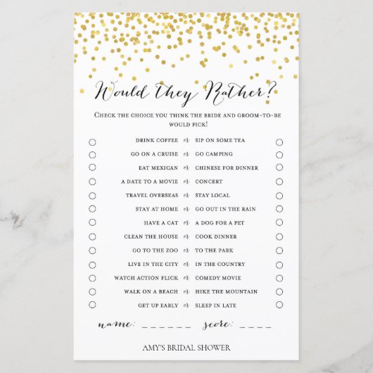 金ゴールドブライダルシャワーゲーム – 彼らはむしろ (正面)