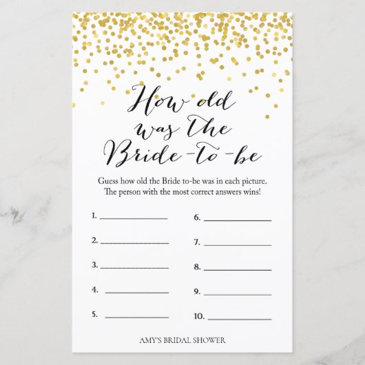 金ゴールドブライダルシャワーゲーム – 新婦の年齢 (正面)