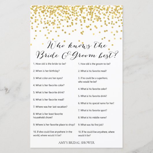 金ゴールドブライダルシャワーゲーム – 新郎新婦を知っている人 (正面)