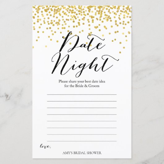 金ゴールドブライダルシャワーゲーム – 日付ナイトカード (正面)