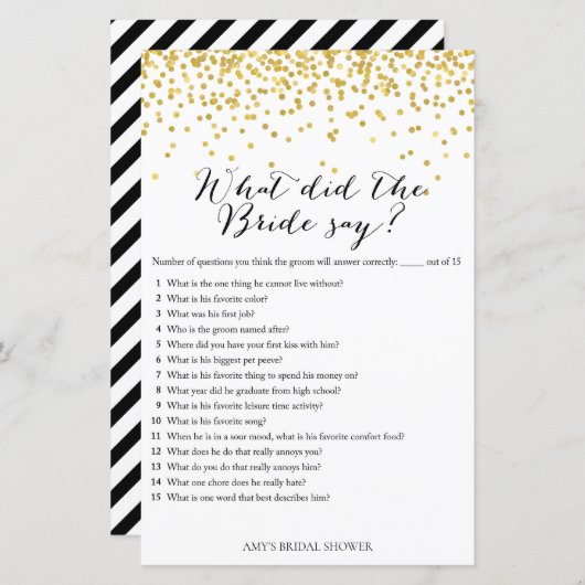 金ゴールドブライダルシャワーゲーム – 花嫁は何と言った (正面/裏面)