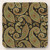 金ゴールドブラウンアンドグリーンパステルトーンヴィンテージペイズリー コースター (正面)
