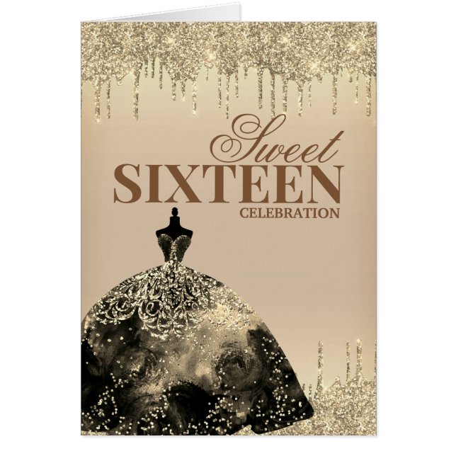 金ゴールドブラウングリッタースウィート16誕生日招待状 (正面)