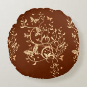 金ゴールドブラウンバタフライスワール ラウンドクッション (正面)