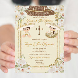 金ゴールドブラウンバプティスアンド誕生日ツインフィエスタ 招待状