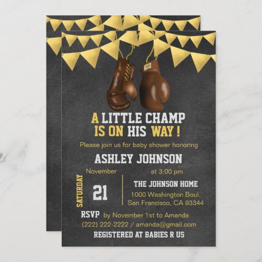 金ゴールドブラウンボーイボックスボクシングベビーシャワー招待状 招待状 (正面/裏面)