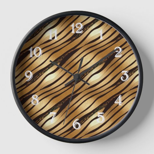 金ゴールドブラウンレオパードアニマルプリントストライプズ 壁時計 (正面)