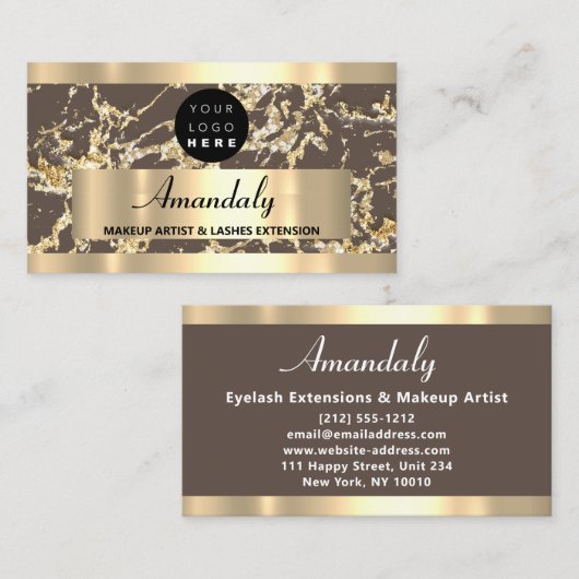 金ゴールドブラウン大理石グリッターカスタムロゴ抽象芸術 名刺 (正面/裏面)