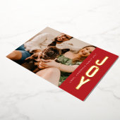 金ゴールドブラシがクリスマスレッド写真にJOYスタンプ 箔シーズンカード (回転した状態)