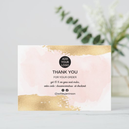 金ゴールドブラシのピンクウォーターの色のロゴの順感謝してい序 サンキューカード (スタンド正面)