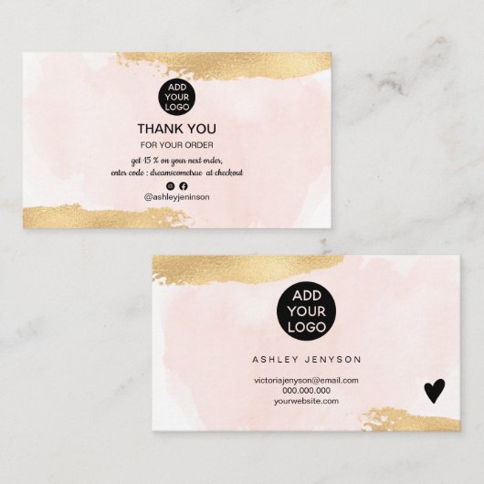 金ゴールドブラシのピンクウォーターの色のロゴの順感謝してい序 名刺 (正面/裏面)