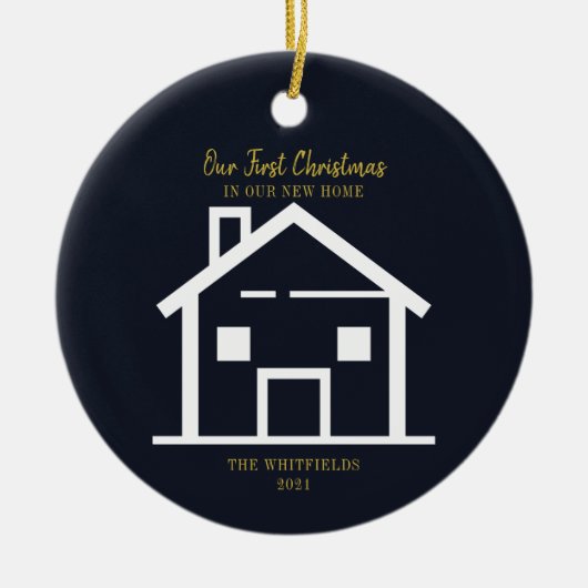 金ゴールドブラシスクリプト初めてのクリスマスホリデーニューホーム セラミックオーナメント (正面)