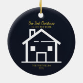 金ゴールドブラシスクリプト初めてのクリスマスホリデーニューホーム セラミックオーナメント (裏面)