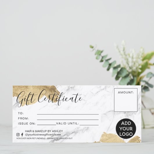 金ゴールドブラシストロークのホイル大理石のギフト証明書のロゴ (スタンド正面)