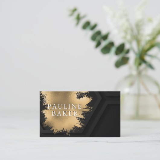 金ゴールドブラシフェイクド |黒い幾何学的な背景 名刺 (スタンド正面)