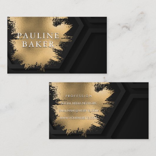 金ゴールドブラシフェイクド |黒い幾何学的な背景 名刺 (正面/裏面)