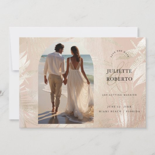 金ゴールドブラシ仕上げトロピカルパームリーフサマー結婚ズ セーブザデート (正面)