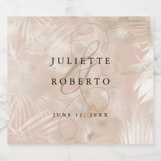 金ゴールドブラシ仕上げトロピカルパーム結婚リーフ スパークリングワインラベル (シングルラベル)