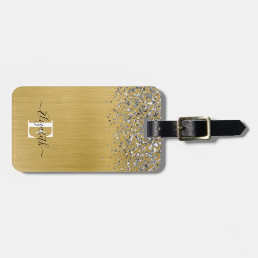 金ゴールドブラシ仕上げメタルグリッターモノグラムスクリプト ラゲッジタグ (正面横)