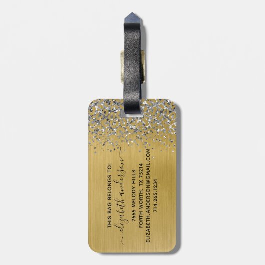 金ゴールドブラシ仕上げメタルグリッターモノグラムスクリプト ラゲッジタグ (裏面縦)